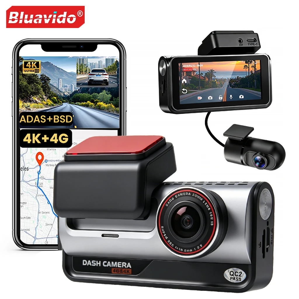 Caméra de tableau de bord double 4G LTE 4K Ultra HD avec GPS, visualisation en direct à distance, détection d'angle mort ADAS, point d'accès Wi-Fi et enregistreur vidéo de voiture avec mode de stationnement 24H