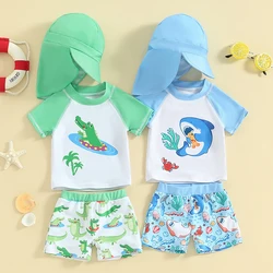 Maluch Boys Baby Zestaw Rash Guard Shark Crocodile Print Krótki rękaw Top z szortami Kapelusz Strój kąpielowy Letnie stroje kąpielowe dla niemowląt