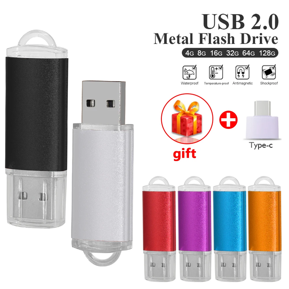 True capacity metal cle usb 2.0 pendrive 128GB 64GB pen drive 32GB memoria flash drive 16GB 8GB memoria stick + type-c adapter