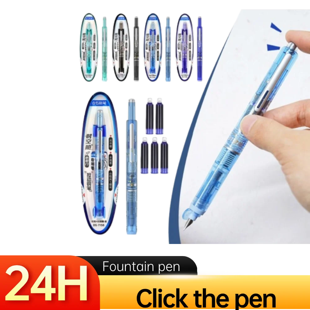 

Push Action Fountain Pen for Elementary and Middle School Students Calligraphy Practicing Fountain Pen Blue with 5 Ink Refills