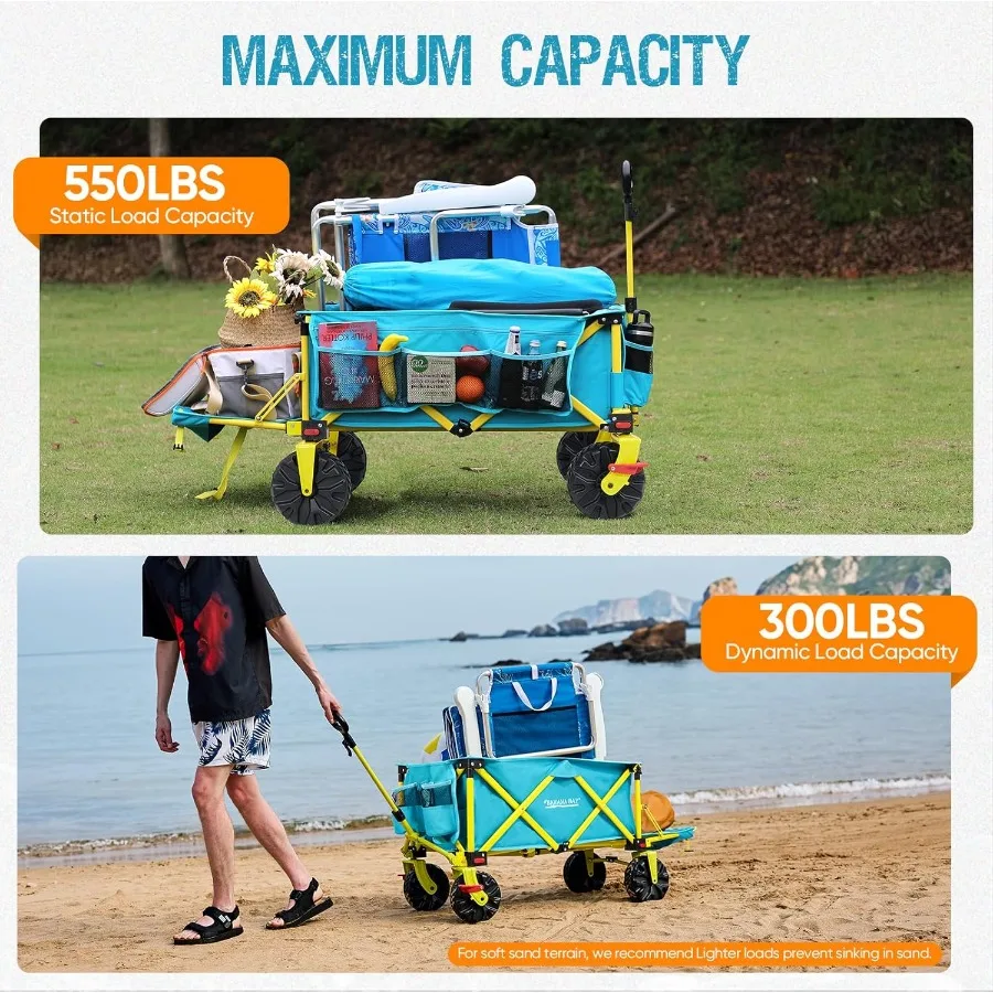 รถเข็นชายหาดขนาดใหญ่พิเศษ 49 ลิตร พร้อมฝาปิดท้าย ล้อใหญ่มีเบรกสำหรับทราย รถเข็นอเนกประสงค์แบบพับได้ รถเข็นชายหาดแบบพับได้สำหรับงานหนัก