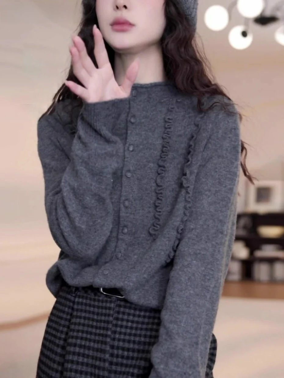 

La Chapelle Grey Knitted Sweater Women's Spring Autumn Winter Outerwear round Neck Cardigan Heavy Embellished Wood Ear Design