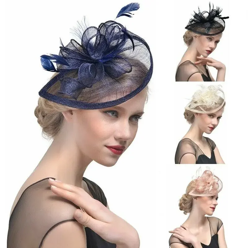 

Women Wedding Mesh Flower Fascinators Hat Elegant Cocktail Feathers Hair Clip Tea Party Headband Solid Fascinator Headwear New