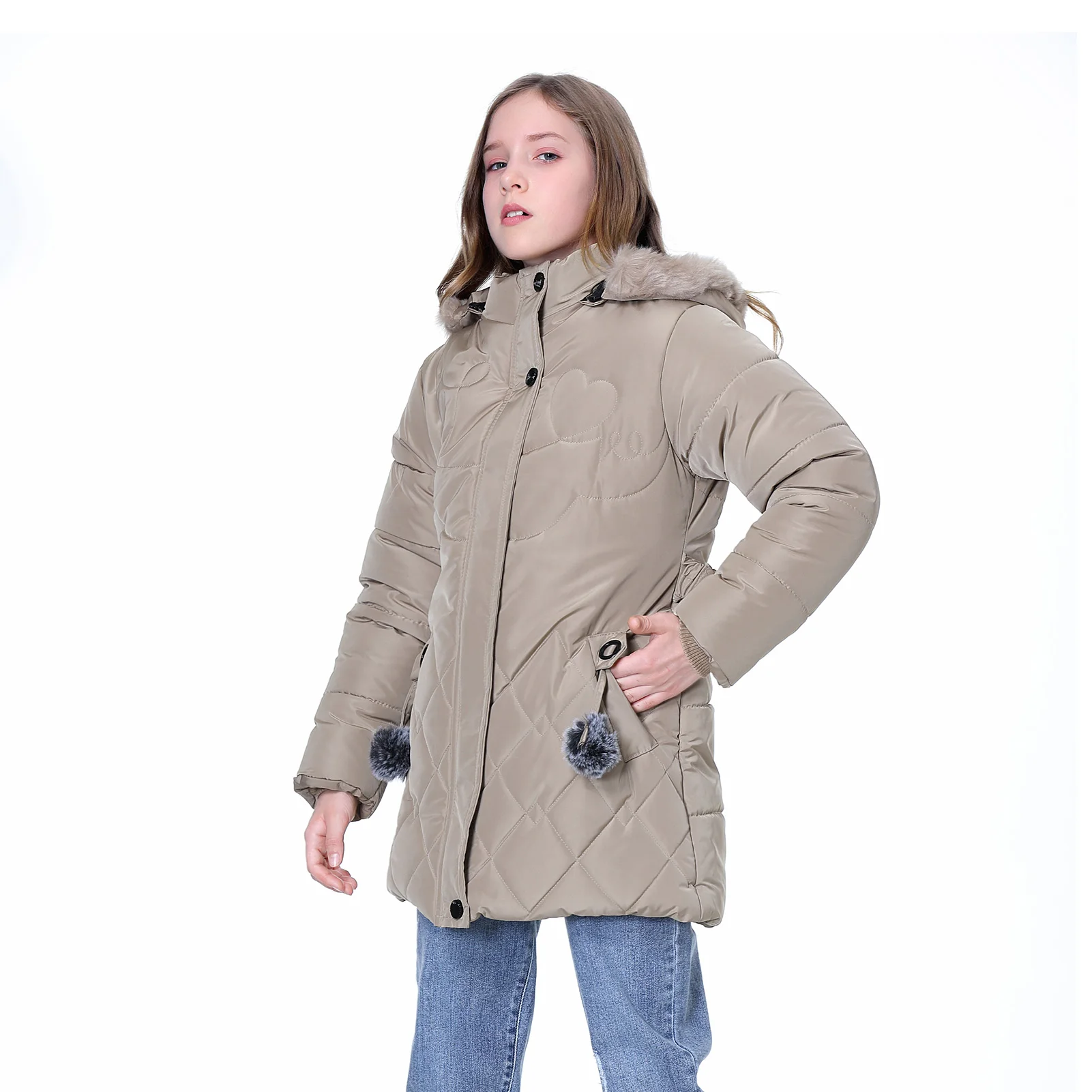 Winter Girls Jacket Warm Thick Fashion Fur Hooded Cotton Children Outerwear with Hairballs Zipper Elastic Waistband Coats