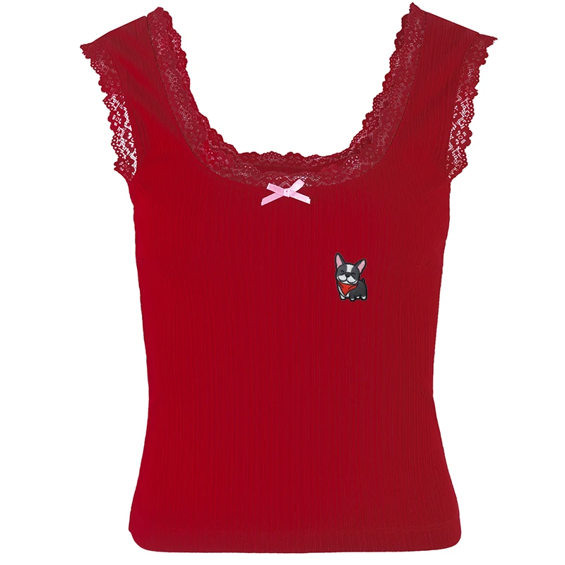 

Y2K Sexy Lace Trim Sweet Red Tank Tops Vintage Aesthetic Crop Top Slim Camis Streetwear Cute Patchwork Fashion Sleeveless Vest
