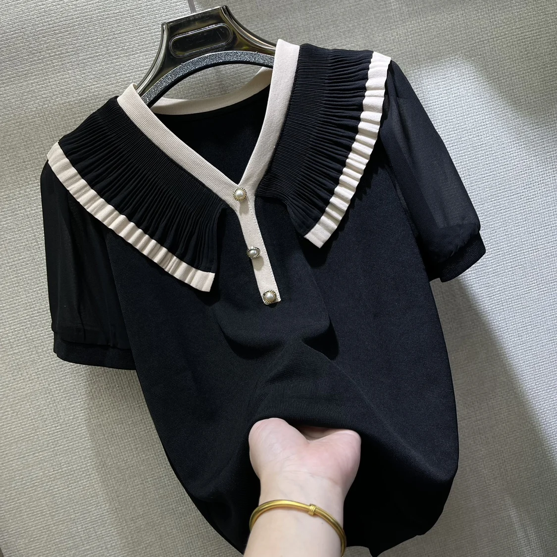 

Plus Size plus Size Women's T-irt V-Ne Lace Trim Ice Silk ort Sve Summer Faionable Chiffon Sve Top Age-Defng Korean Sle