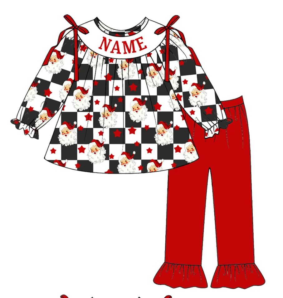 Custom Name Boutique Christmas Long-Sleeve Santa Print Outfit for Girls Baby Boys Jumpsuit Infant Girl Romper