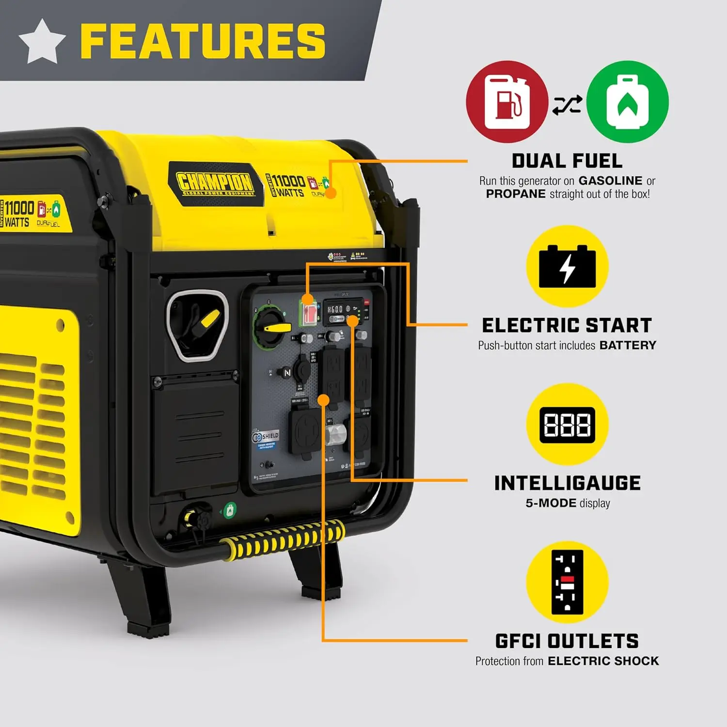 11,000-Watt Electric Start Dual Fuel Home Backup Portable Inverter Generator With Quiet Technology And Co Shield