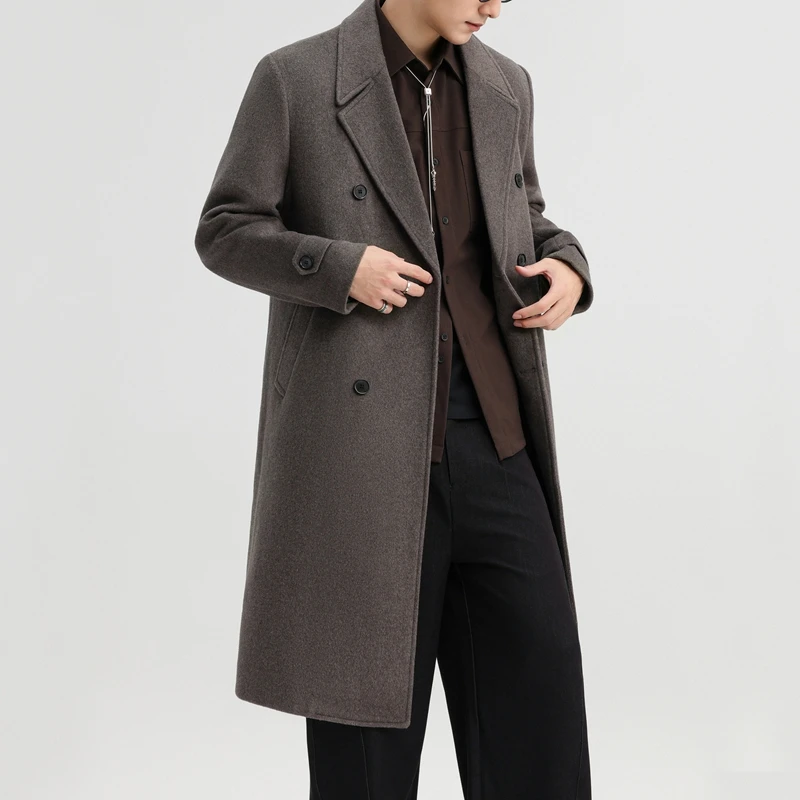 Men Wool Overcoat Old Money Look Winter Double Breasted Notched Collar Design Woolen Blend Coat Black Gray Coffee Color Topcoat