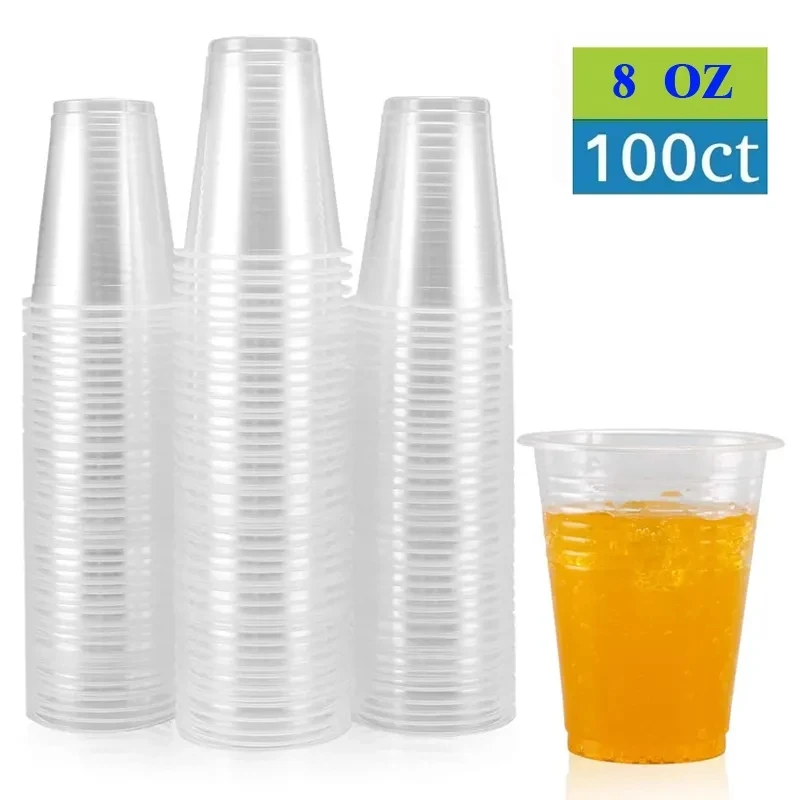 100 packs 8 oz 220ml Clear Plastic Cups, Disposable Party Cups for Cold Drinks - Bubble Boba - Iced Coffee - Tea