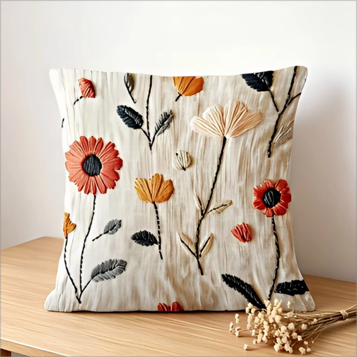 Boho Terrakotta Blumendruck Kissenbezug, Faux-Stickerei-Stil, Abstrakte Blumen Botanische Dekorative Kissenhülle für Sofa