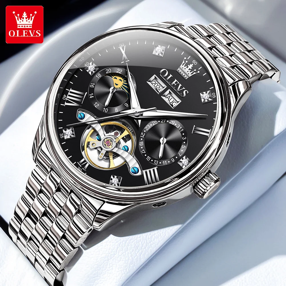 OLEVS Multifunctional Stainless Steel Men Mechanical Watches Perpetual Calendar Diamond Skeleton Waterproof Automatic Watch Man