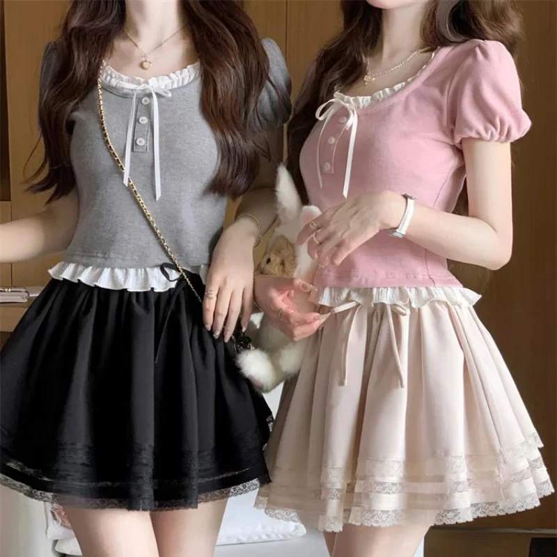 

Women Pink Ruffle Edge Patchwork Short Sleeve T-Shirt Cute Slim Two-Piece Short Top Trendy Summer Girls' Fashion