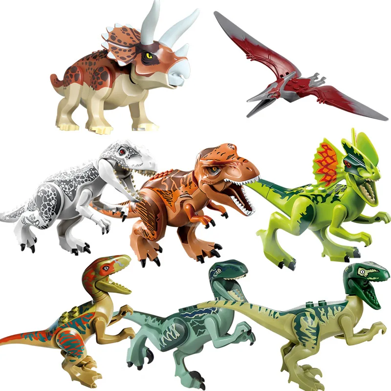 8Pcs Locking Jurassic Dinosaurs Set  Tyrannosaurus Rex Spinosaurus Velociraptor Stegosaurus Building Block For Children