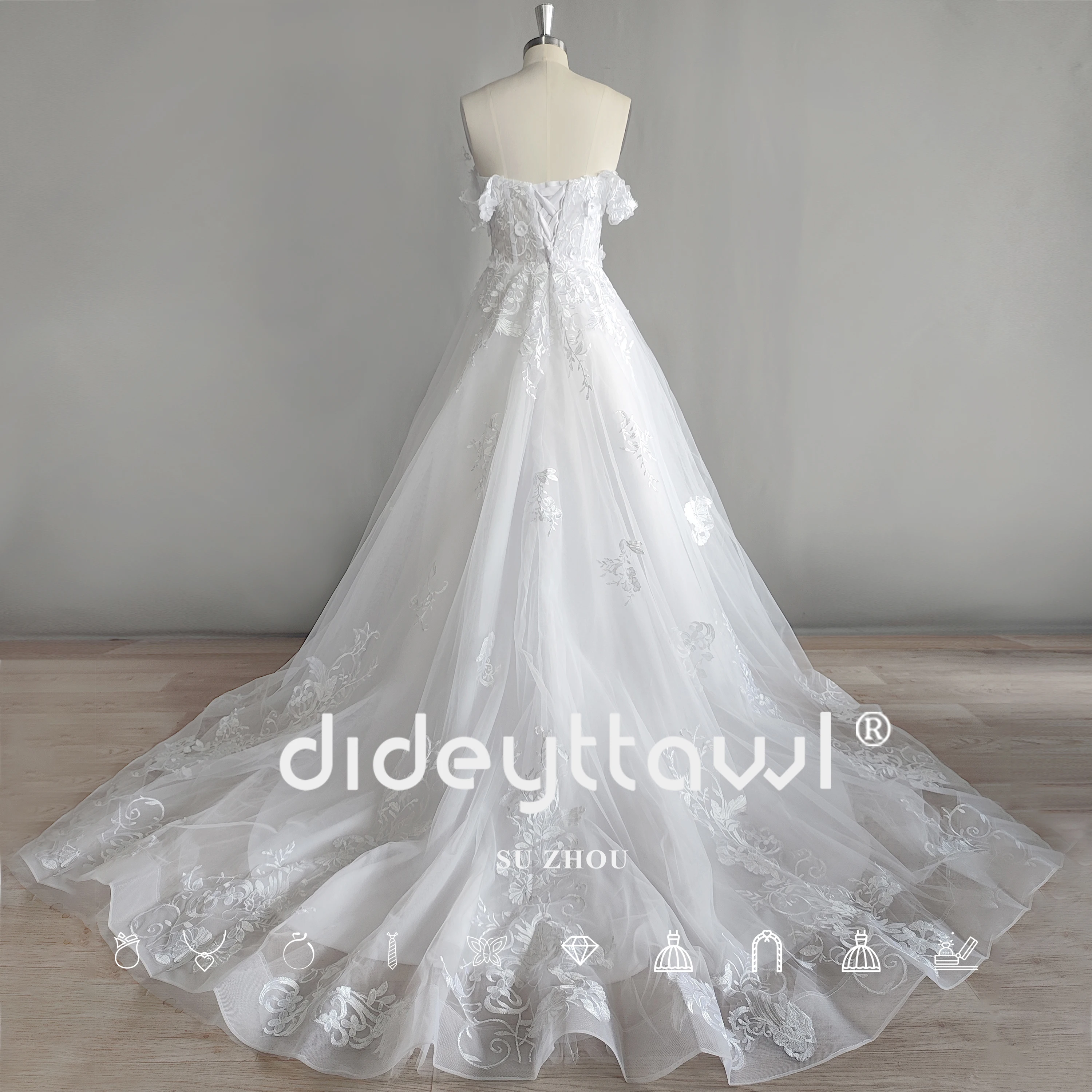 DIDEYTTAWL Real Picture Off Shoulder Sweetheart Tulle Boho Wedding Gown 3D Flowers Lace Appliques Ball Gown Bride Dress