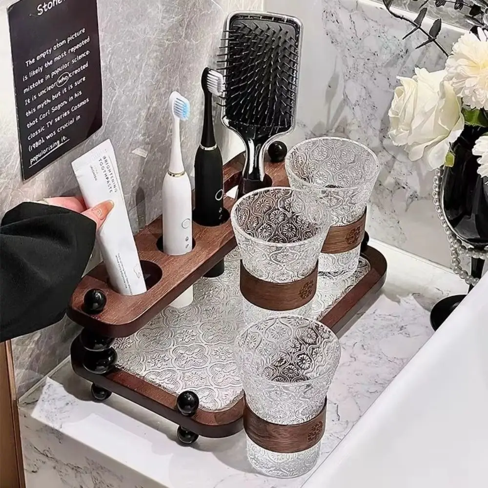 Save Space Functional Toothbrush Storage Rack Vintage Circular Arc Wooden Storage Shelf Petite Storage Toothbrush Cup Holder