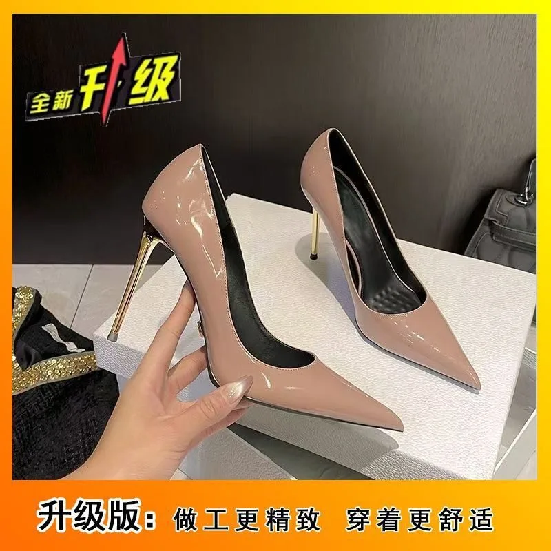New Women Patent Leather Pointed Toe High Heels 10CM Ladies Sexy Pumps Wedding Party Office Slip On Women Shoes Zapatos De Mujer