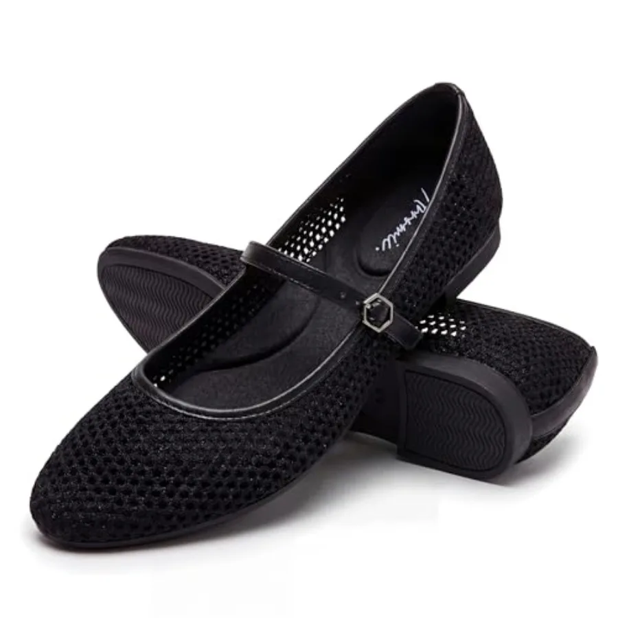 Zapatillas de ballet de malla para mujer, zapatos planos Mary Jane con correa de hebilla sin pegamento, zapatos cosidos a mano, de punto lavable.
