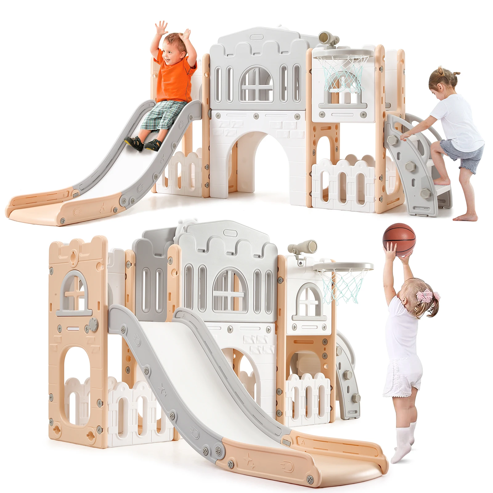 8-in-1 Toddler Indoor Playground: Safe Baby Slide Playset with Basketball Hoop,Climber,Crawling Tunnel,Telescope & Spacious Toy