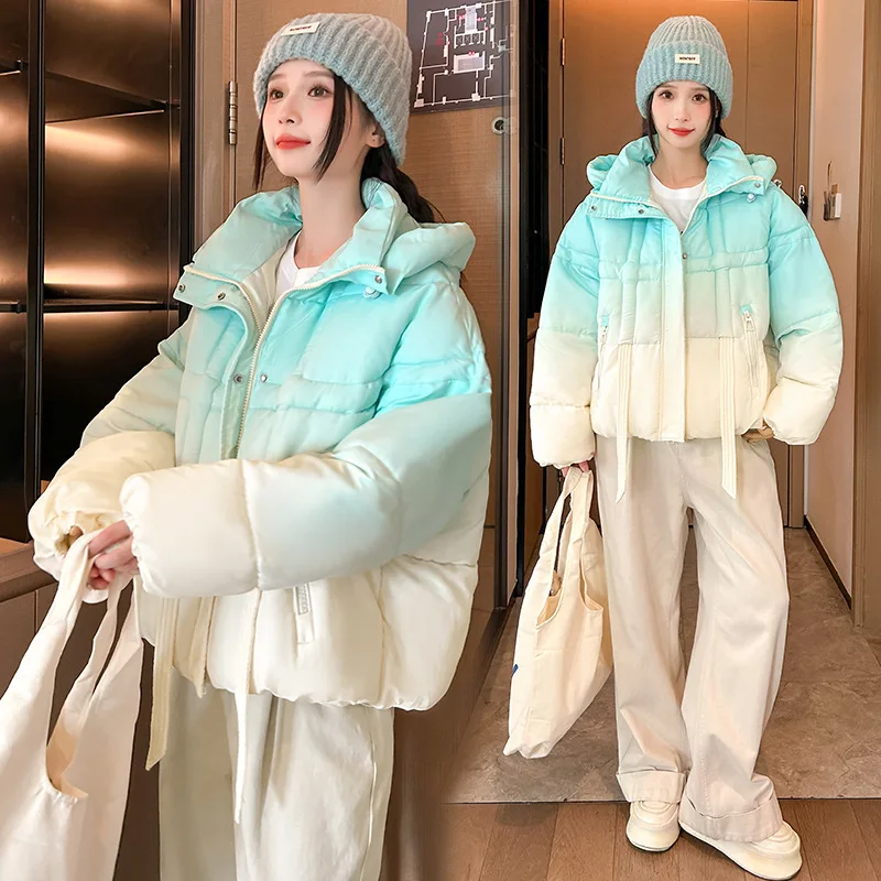 Parkas Short Coats Women Hooded Zipper Jackets Gradient Thick Warm Y2k Streetwear Elegant Jacket Work Coat Autumn Winter