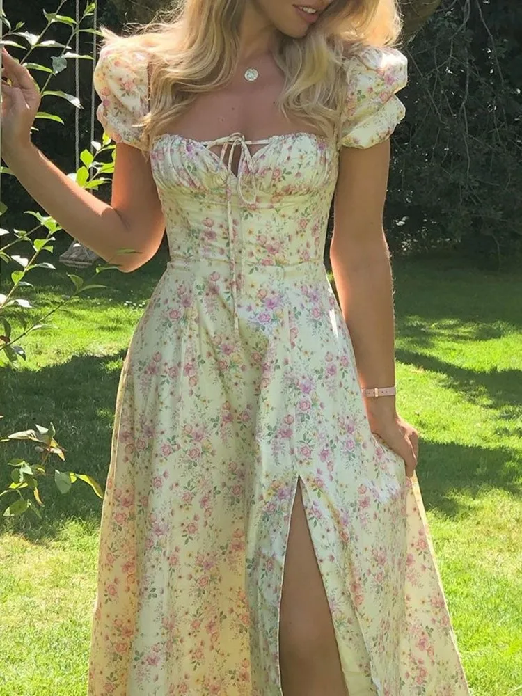 

2026 Spring New Dresses For Woman French Dress Slim Backless Floral Printed Suspender Leace-up Vestidos Contrast Temperament