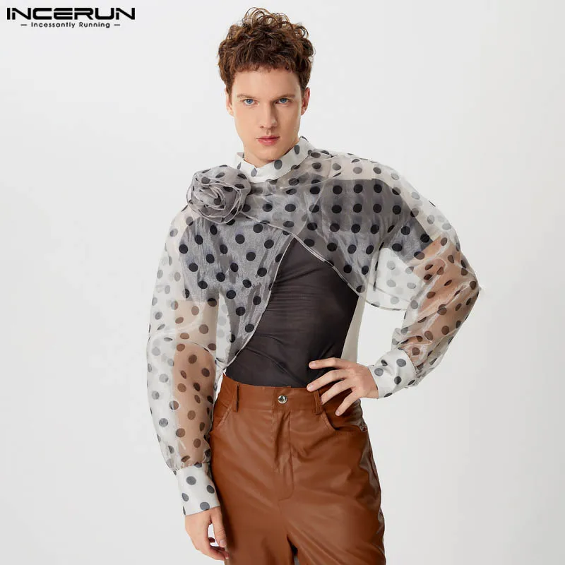 INCERUN Men Irregular T Shirt Polka Dot Printing Stand Collar Long Sleeve Crop Tops Men Streetwear Flower 2024 Fashion Camisetas