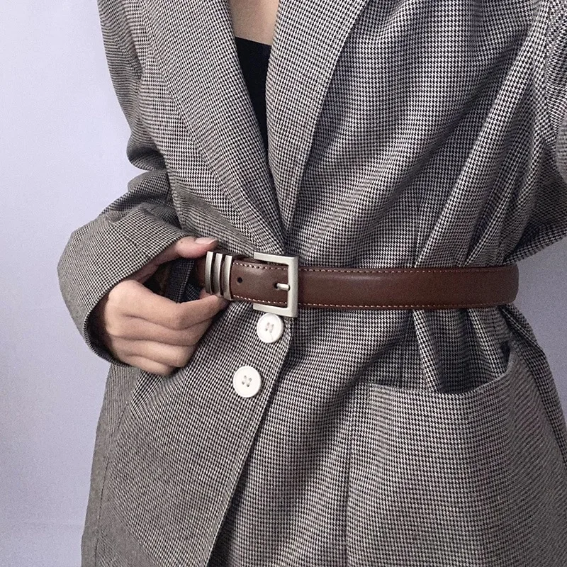 

Elegant Silver Square Pin Buckle Belt For Women Luxury Black Brown Female Waistband Matching Ladies Dress Jeans Adjustable Belts