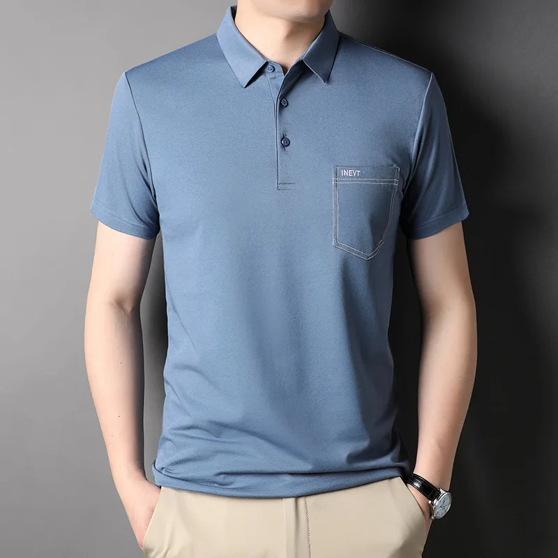 Summer Mulberry Silk Men\'s Short-sleeved T-shirt Men\'s Lapel with Pockets Fashion Embroidery Cool Breathable Men\'s Polo Shirt