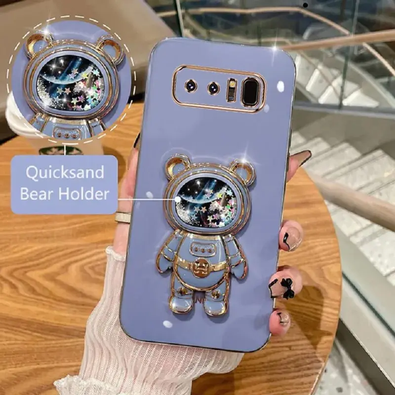 Phone Case For Samsung Galaxy Note 8 Soft Silicone Luxury Plating Cartoon Bear Fold Stand Phone Case Cover