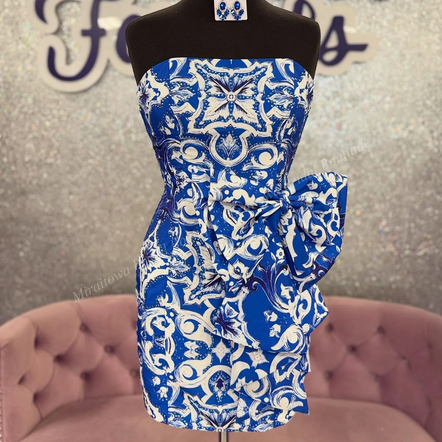 Robe de soirée cocktail imprimée blanche et bleue, avec gros nœud, douce 16, semi-formelle, robe de remise de diplôme Hoco, spectacle junior, entretien, vacances