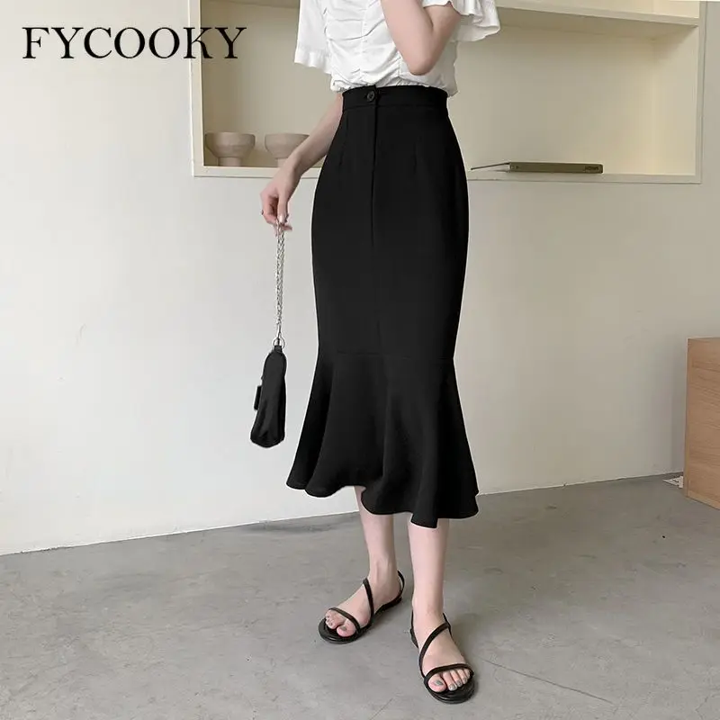 

2023 Юбка «рыбий хвост» с рюшами для женщин, весенняя тонкая элегантная трапециевидная юбка средней длины с высокой талией, черная винтажная юбка в корейском стиле