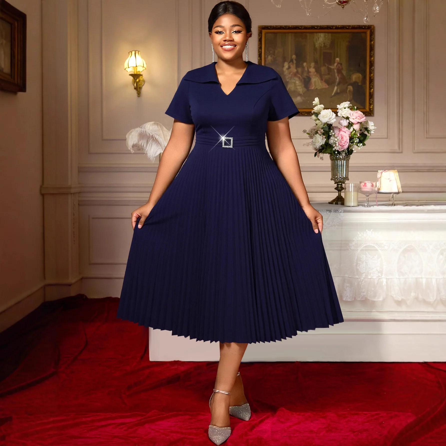 

Africa Clothing Midi Pleated Dress for Women V Neck Short Sleeves Rhinestone Buckle Belt Classy Church Office Female Outfits