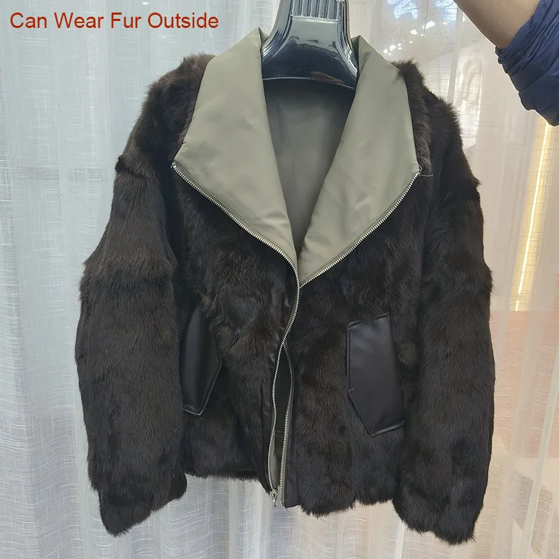 سترة شتوية جديدة فضفاضة لعام 2025 مبطنة بالفرو الأرنب الحقيقي سترة سميكة ودافئة للسيدات معطف فرو أصلي بأكمام طويلة سترة خارجية للسيدات #4