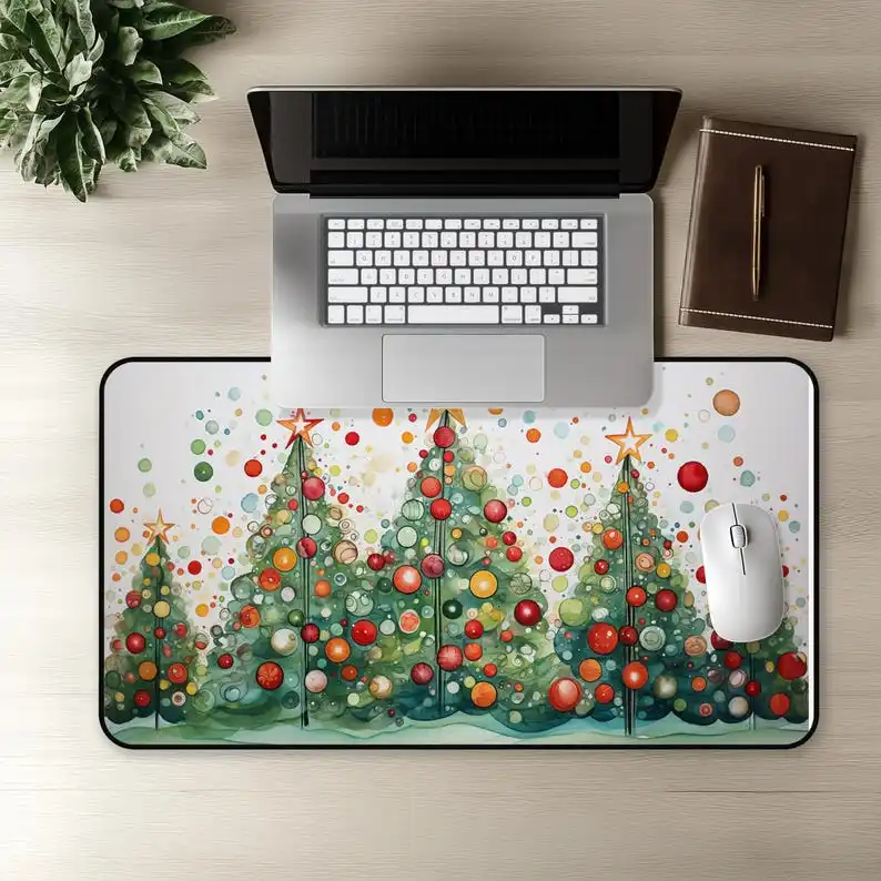 

Watercolor Christmas Tree Desk Mat, Office Decoration, Workspace Accessory, Home Office, Unique Gift for Her, Modern Desktop Pad
