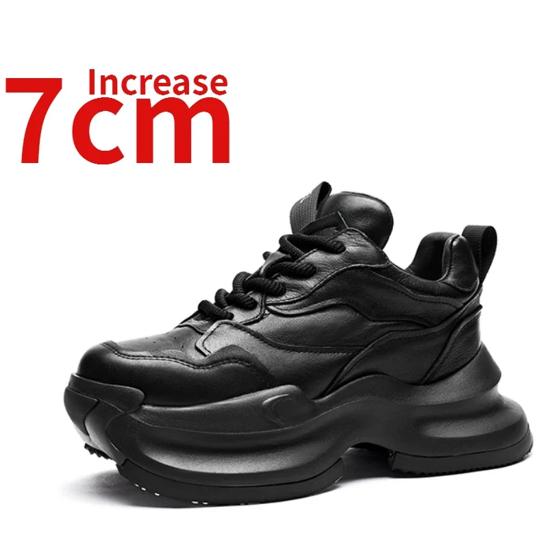 Genuine Leather Platform Dad's Shoes for Women Increased 7cm Autumn Breathable Thick Soles Casual Sports Elevated Shoes Women's