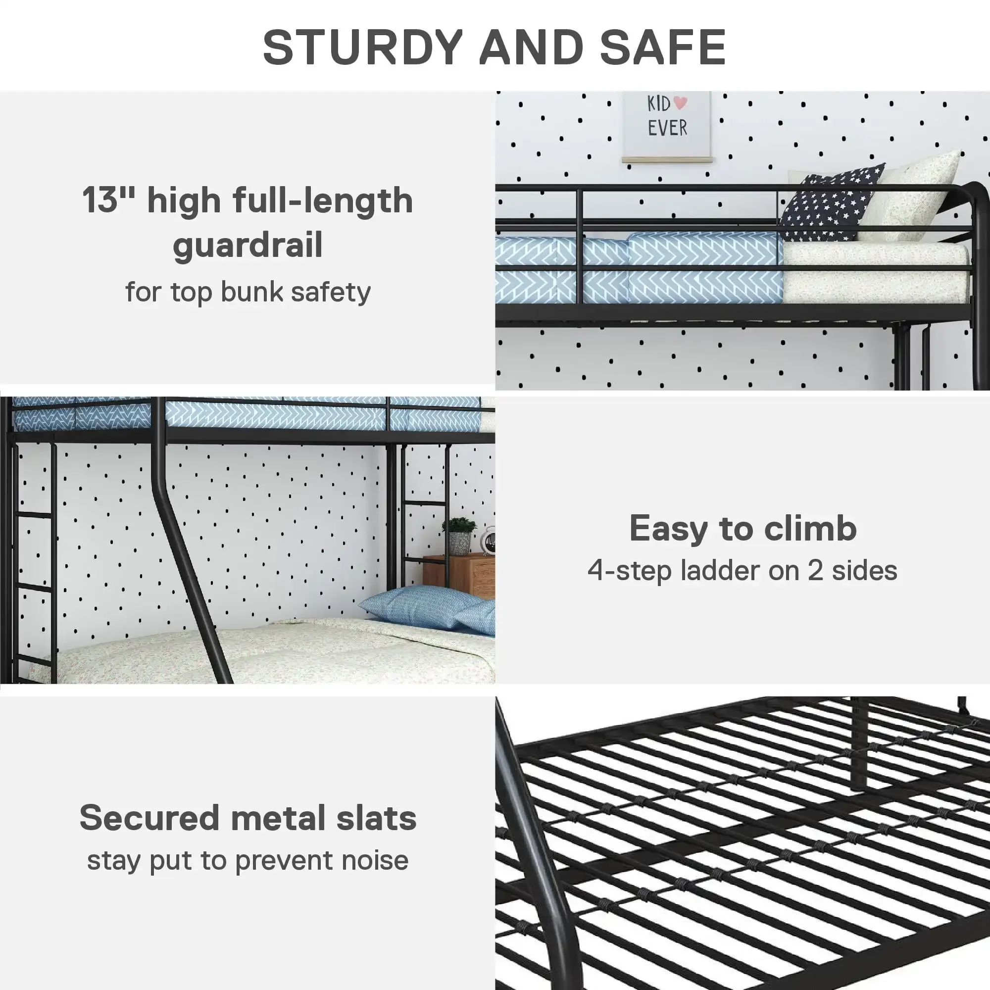 Dusty Twin over Full Metal Bunk Bed with Secured Ladders Black All-metal bunk bed with fixed ladder Mattresses are not included