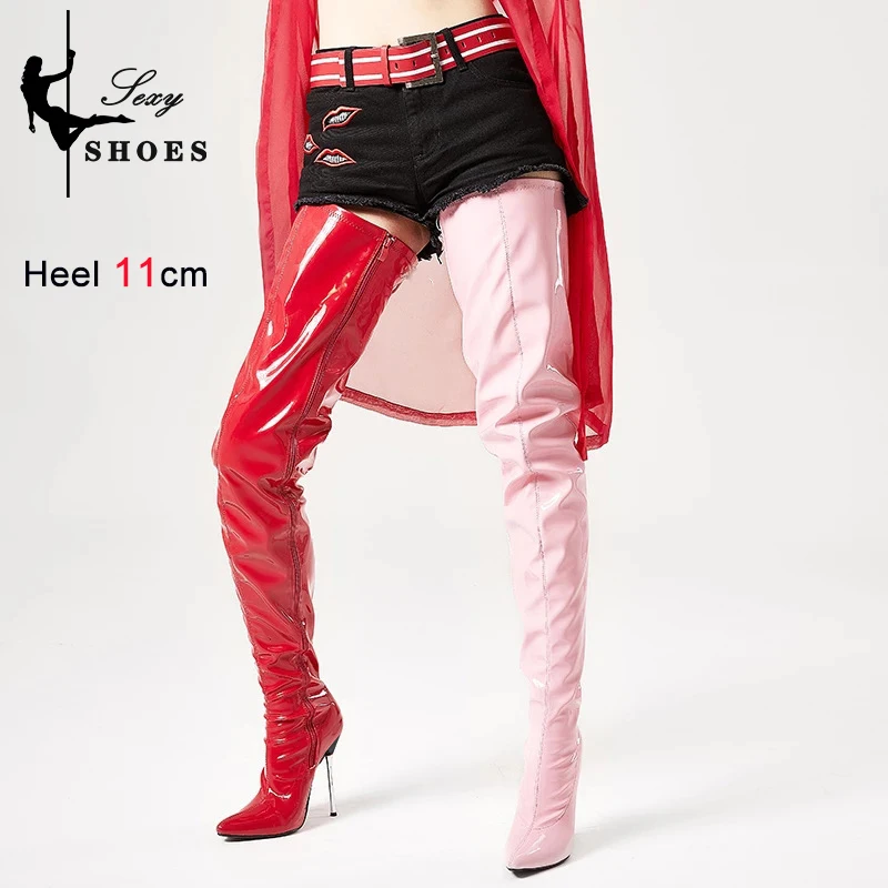 2023 Over-the-knee Shiny Women\'s Boots Patent Leather Thigh High Boots Girl Shoes Sexy Fetish Zipper Pointed toe 11cm High Heels