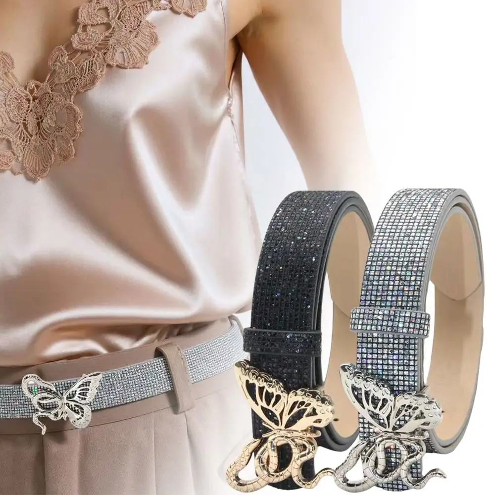 

Bling Bling Sparkling Rhinestone Belt Glitter Versatile Butterfly Slide Buckle Belt Luxury Brand Design Waist Strap Women