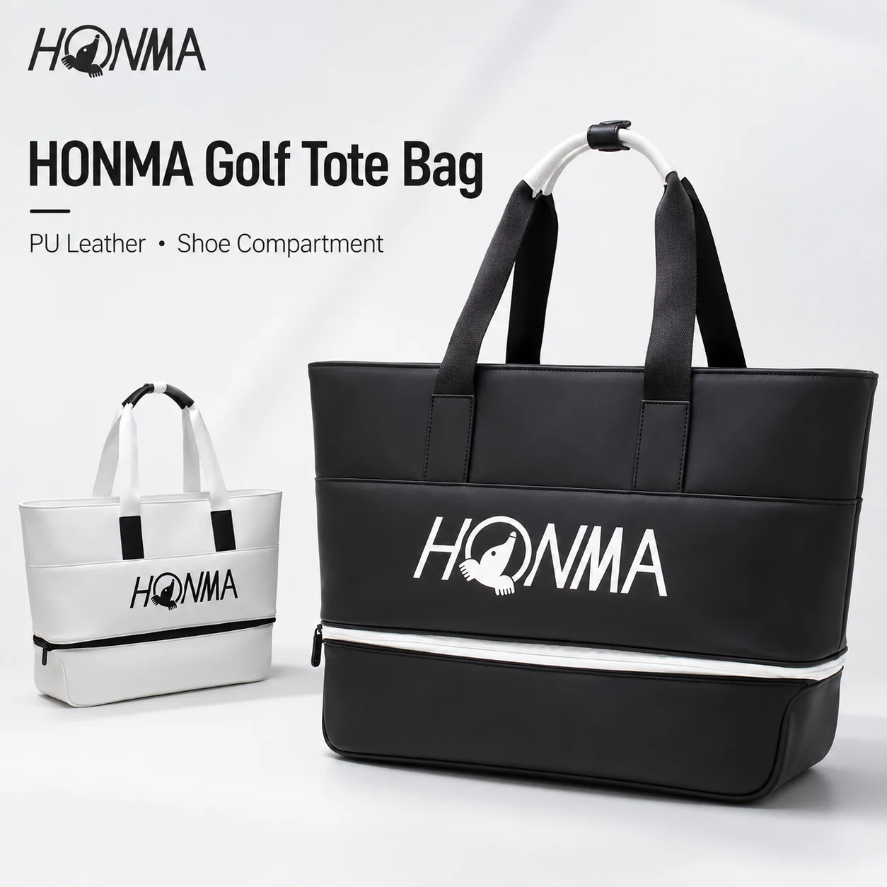 HONMA Golf Tote Bag PU Leather Travel Bag with Independent Shoe Compartment Dual Handles Black White
