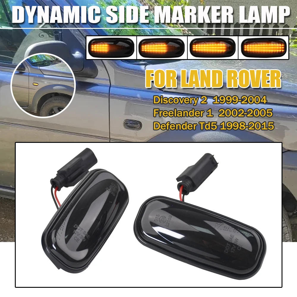 1 Paar für Land Rover Defender 90 Discovery 2 Bernsteinfarbene Dynamische LED-Seitenmarkierungsleuchte Blinker mit Schwarzer Linse