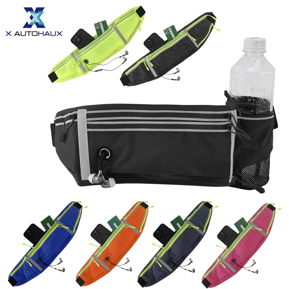 X Autohaux Waist Pack Bag with Water Bottle Holder Reflective Runners Belt Jogging Pocket Belt Running Belt Fanny Pack