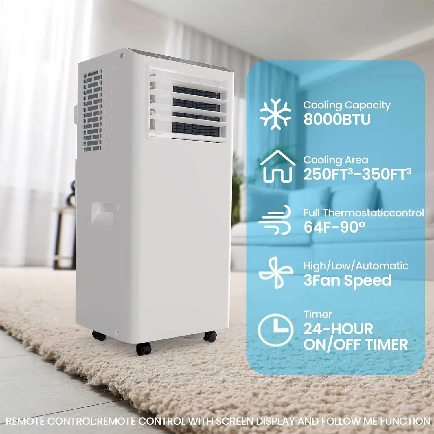 8500 BTU Portable Air Conditioner with LCD Display Remote Control,Cooling Up to 350 sq.ft.3 in 1 AC Cooling,Dehumidifier