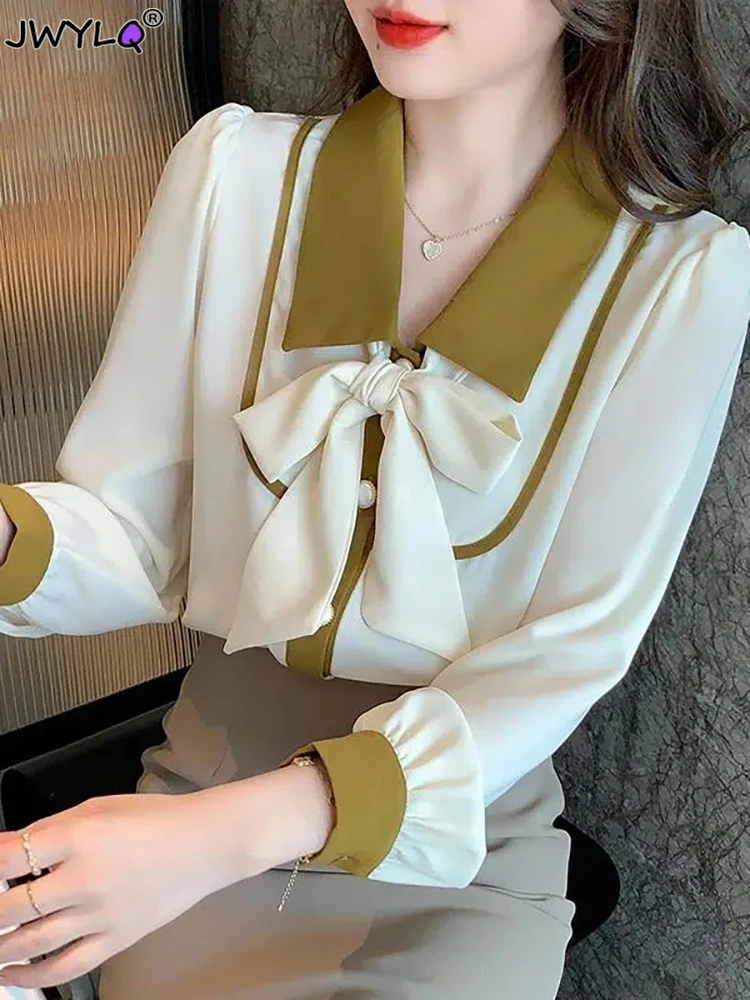 

Spring Autumn Elegant Chiffon Women Shirts Blouses Fashion French Lace-up Long Sleeve Bow Shirt Tops 2023 New Chic Office Shirts