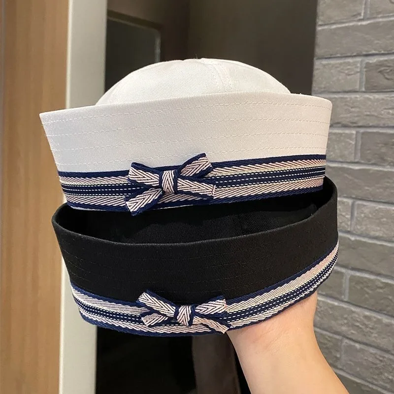 Japanese Version Ins Bow Embroidery JK Beret Women Solid Color Flipped Brim Sweet Dome Sailor Navy Hat 2024 Autum Winter