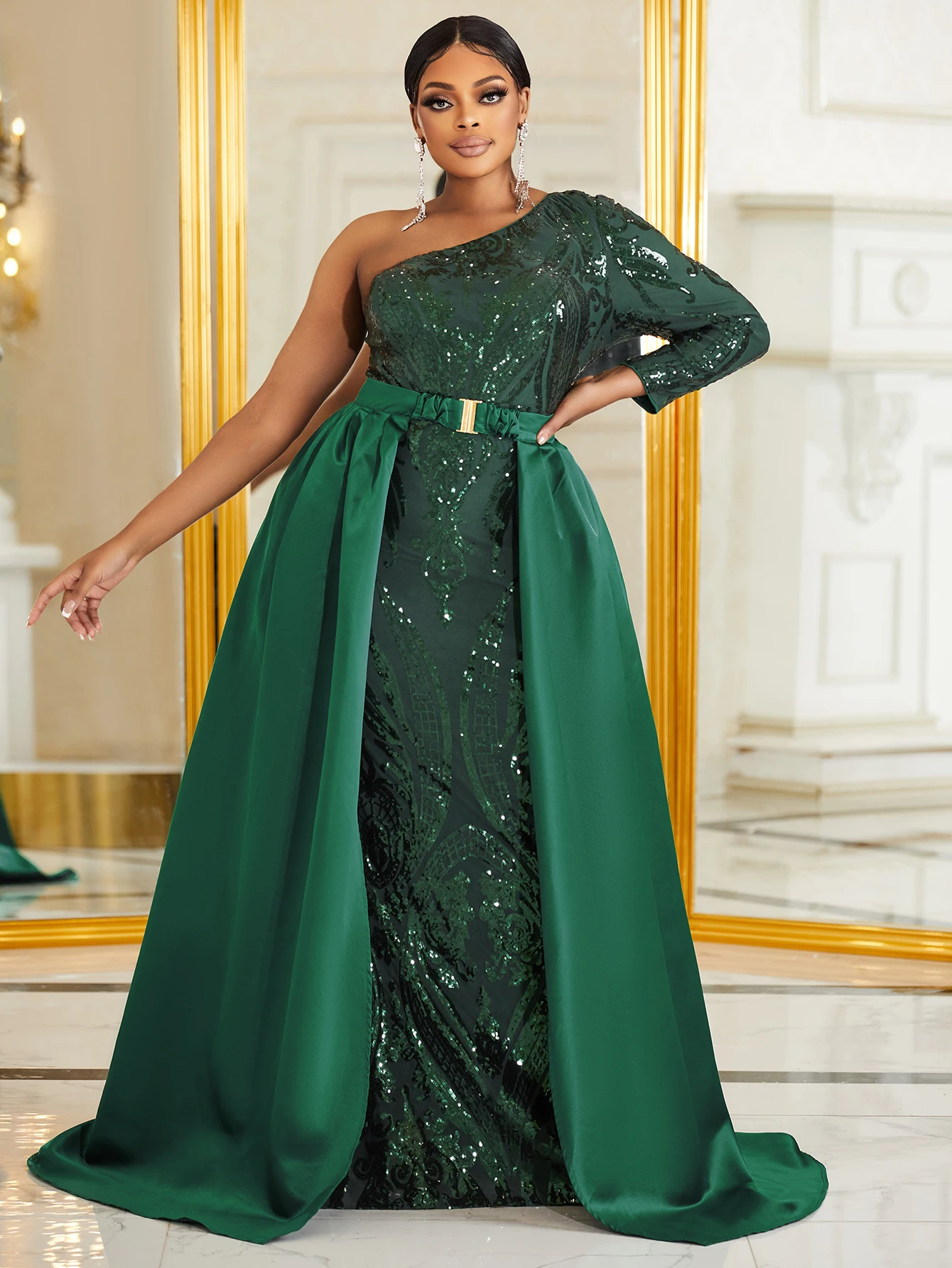 Plus One Shoulder Contrast Sequins Belted Prom Dress