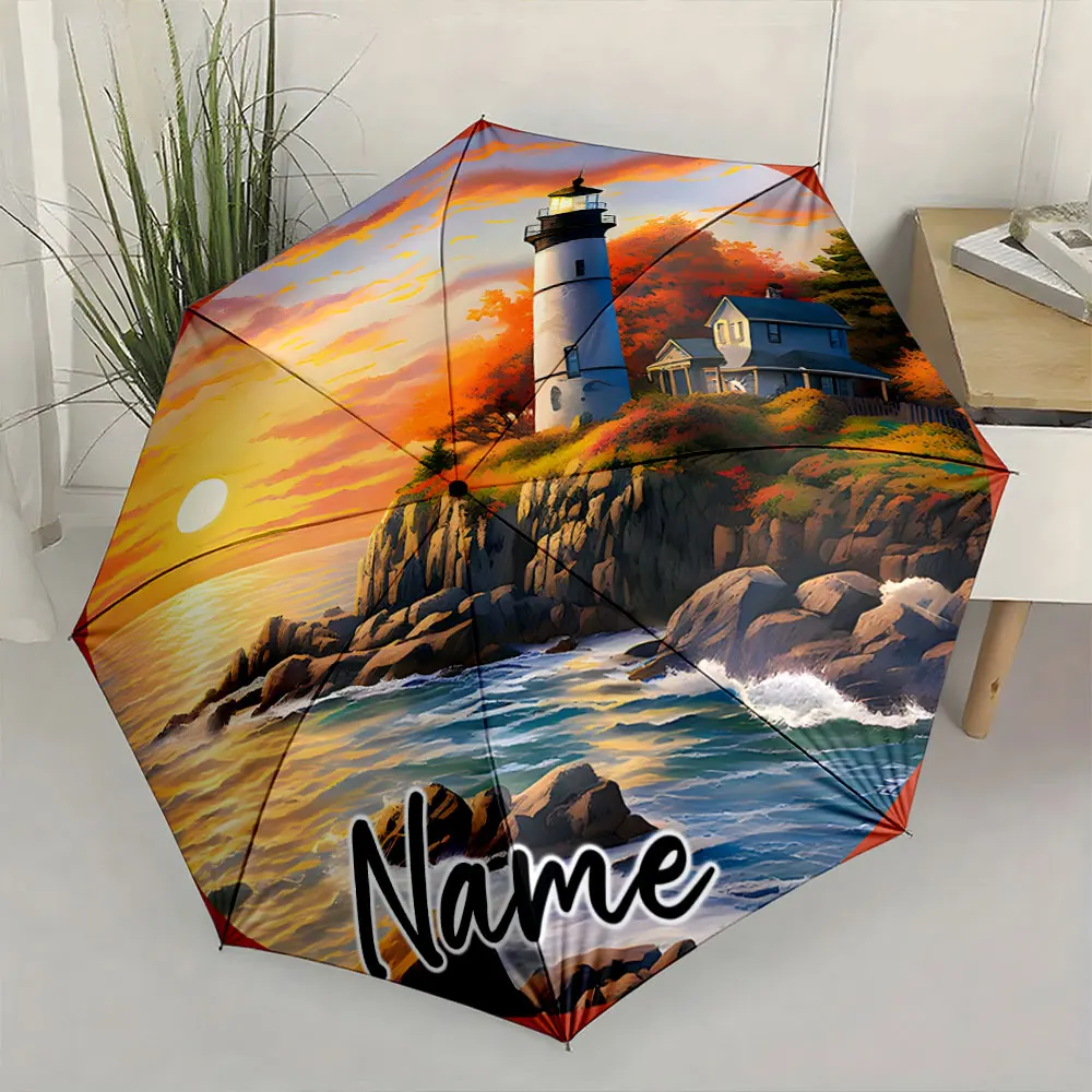 Custom Name Lighthouse and Sunset Scene on Umbrella Print 8 Iron Ribs Folding Umbrella, Auto-Open Fashion Sunshade