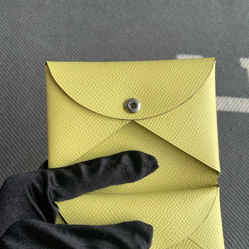 Genuine Leather Key Coin Purse Button Closure  Color Chicken Yellow Wallet for Youth Horizontal Shape Short Style Men's ...