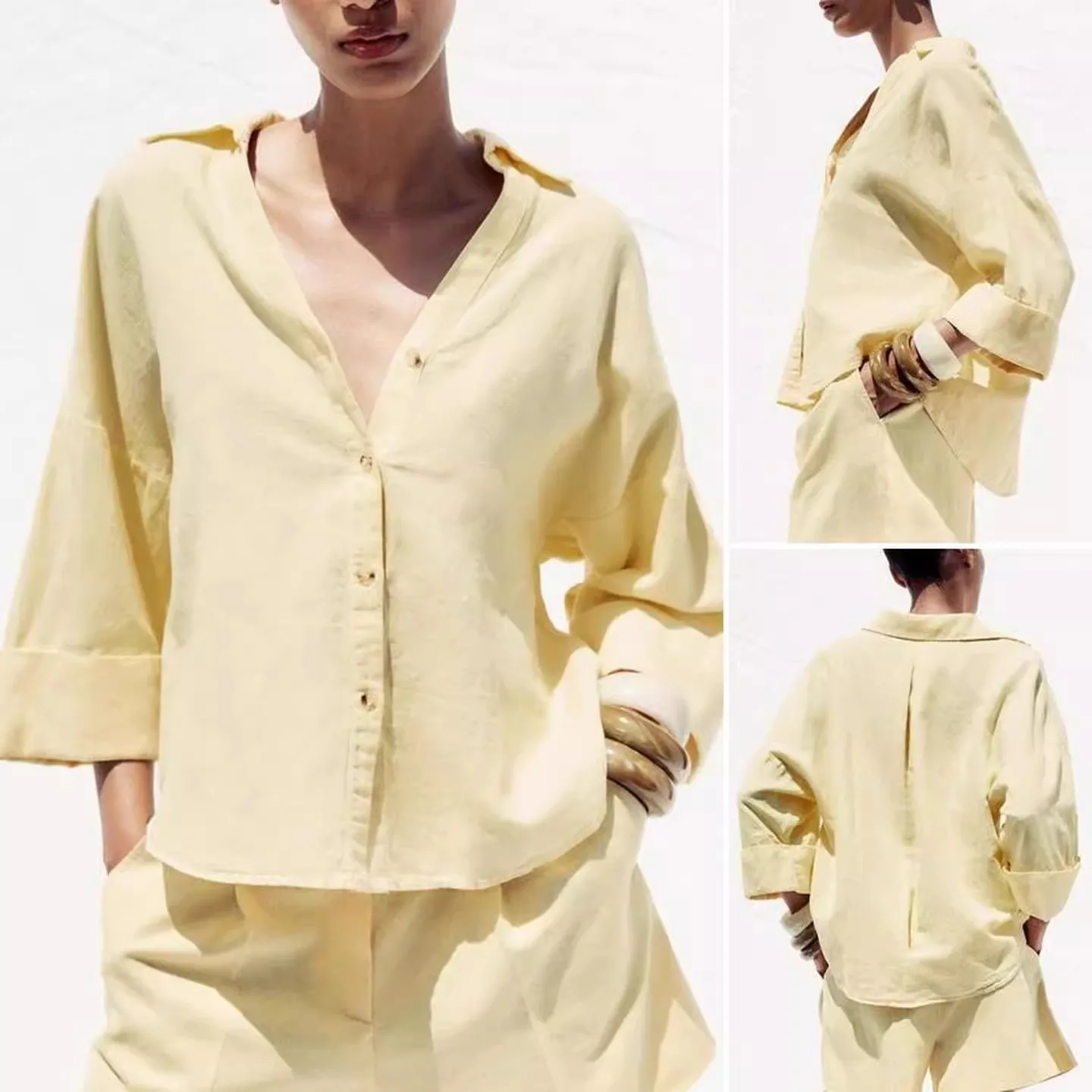 

PRINTKAOIR Women's Casual Loose Shirt for Spring/Summer 2025 Collar Button Design Wide Sleeves Minimalist Holiday Style