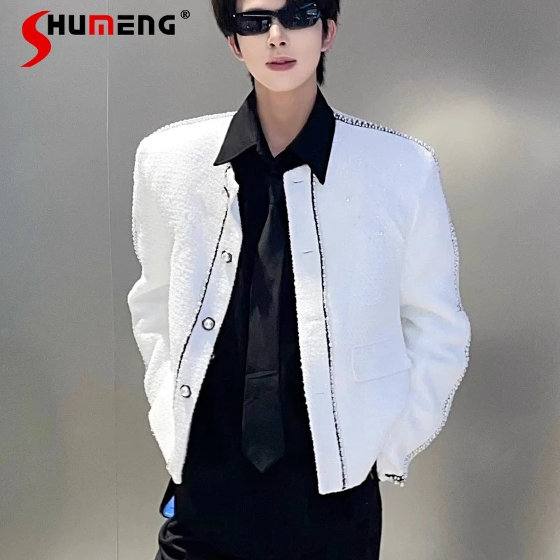 

Men's 2025 Fashion Pearl Design Light Luxury Tweed Jackets Short Style Small Fragrant Long Sleeve Coats Male Loose Chic Jackets
