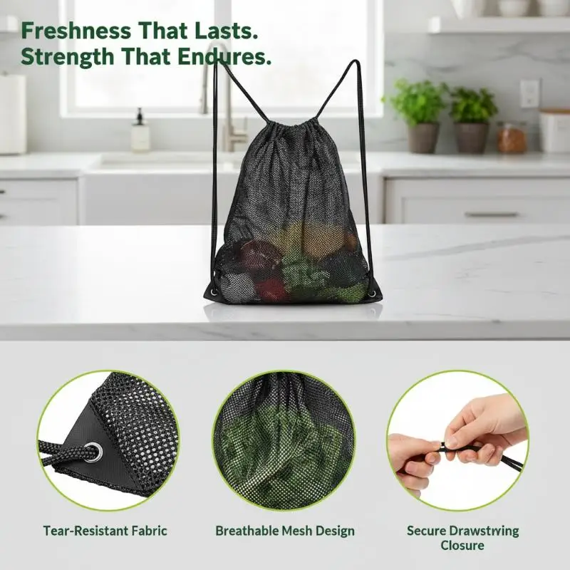 Heavy Duty Breathable Mesh Drawstring Bag Black Soccer Ball Net Backpack for Sports Gym Hiking Camping Travel